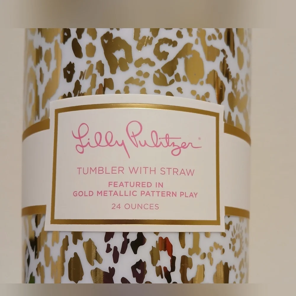 NWT Lilly Pulitzer Gold Leopard Tumbler With Straw